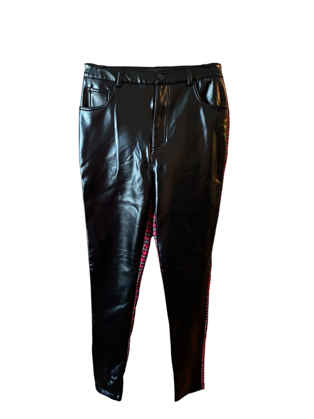 AKIRA Black Faux Leather Pants with Red Plaid Trim